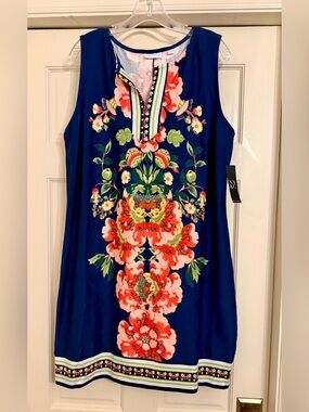 New York & Company Navy and Coral Floral Dress—100% Cotton